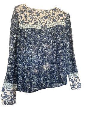 GAP Sheer Navy and Cream Floral Long-Sleeve Blouse